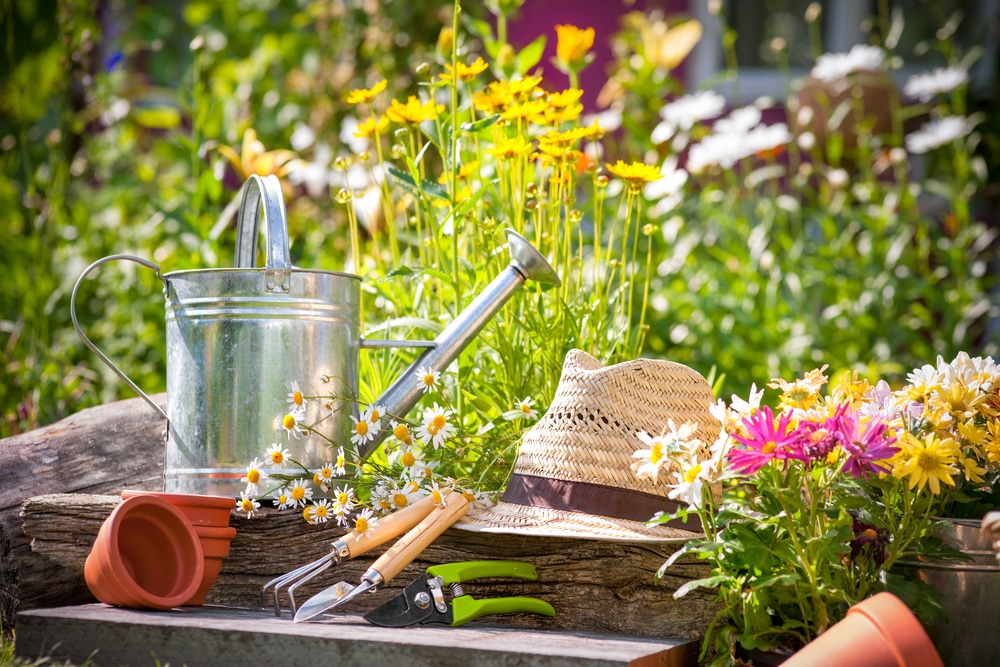 Gardening supplies in front of spring flowers